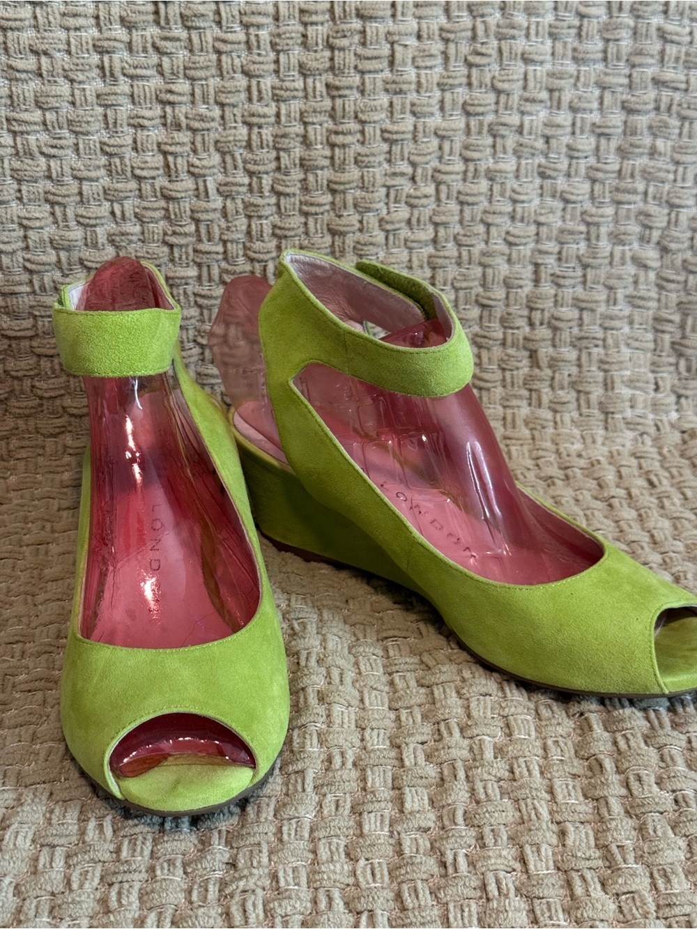 Sacha London Lime Green Suede Peep-Toe Wedge Sandals